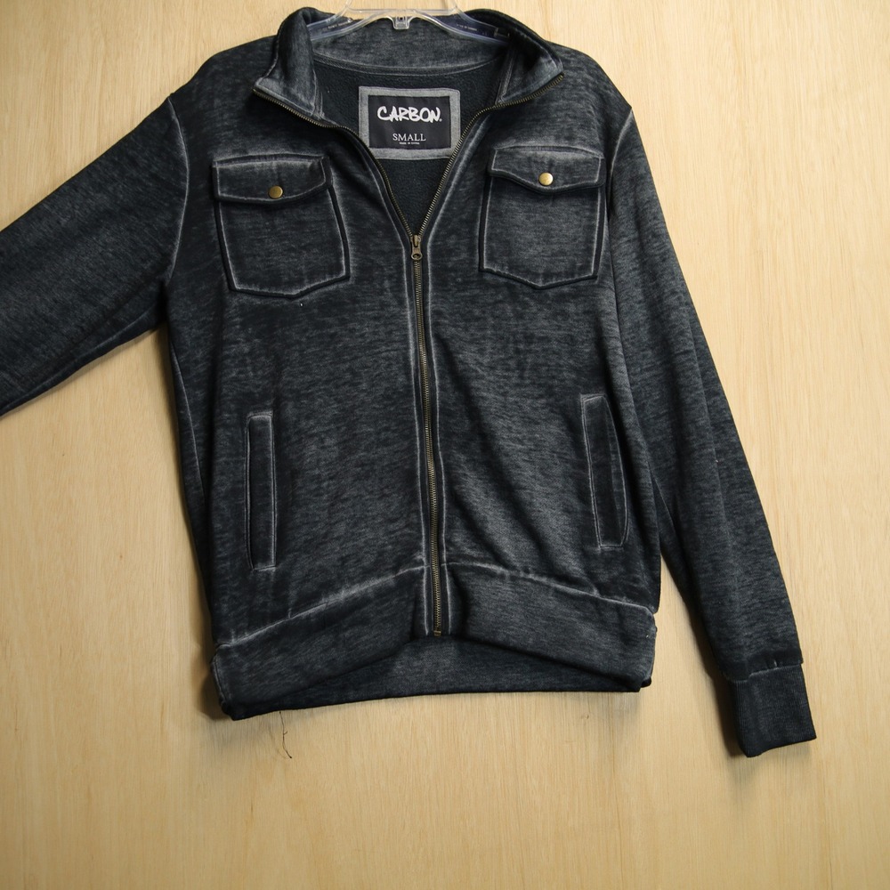 Carbon Mens Y2K Faded Black Acid Wash Full Zip Fleece Jacket Small